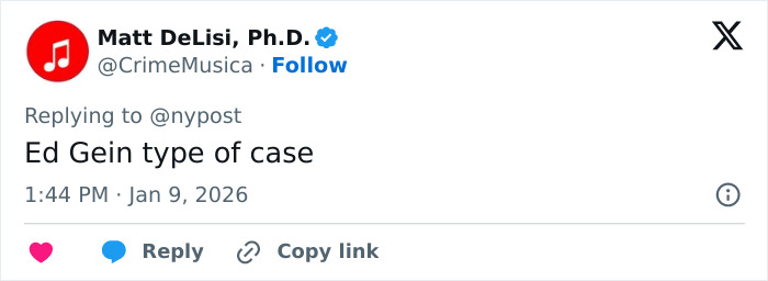 Tweet by Matt DeLisi, Ph.D. describing an Ed Gein type case related to a skull in man’s car and chilling house discovery. Tweet by Matt DeLisi, Ph.D. describing an Ed Gein type case related to a skull in man’s car and chilling house discovery.