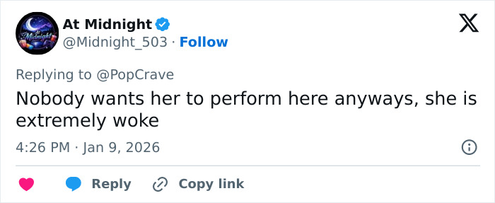 Tweet criticizing Britney Spears after she says she will never perform in the U.S. again amid backlash.