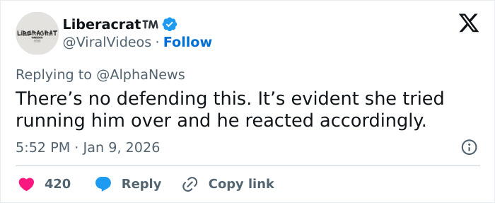 Tweet about ICE video providing missing context to fatal shooting of Ren&eacute;e Nicole Good, discussing reaction to attempted harm.