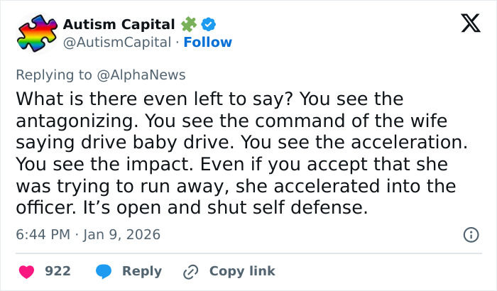 Tweet from Autism Capital responding to AlphaNews describing key moments in the ICE video on the fatal shooting of Ren&eacute;e Nicole Good.