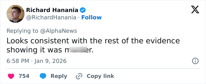 Tweet from Richard Hanania commenting on evidence related to the fatal shooting of Ren&eacute;e Nicole Good by ICE.