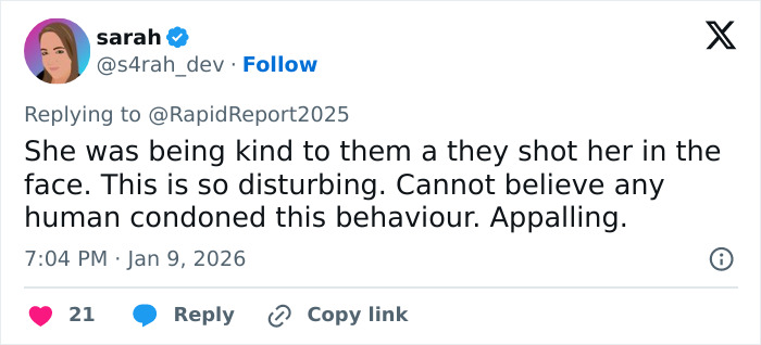 Twitter post by user sarah expressing shock and condemnation over the fatal shooting in the newly released ICE video.