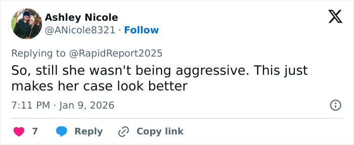 Tweet by Ashley Nicole discussing newly released ICE video adding missing context to fatal shooting of Ren&eacute;e Nicole Good.