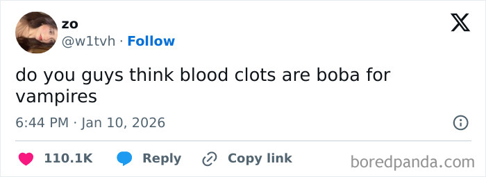 Tweet humor about blood clots as boba for vampires, showcasing internet humor from January trending online.