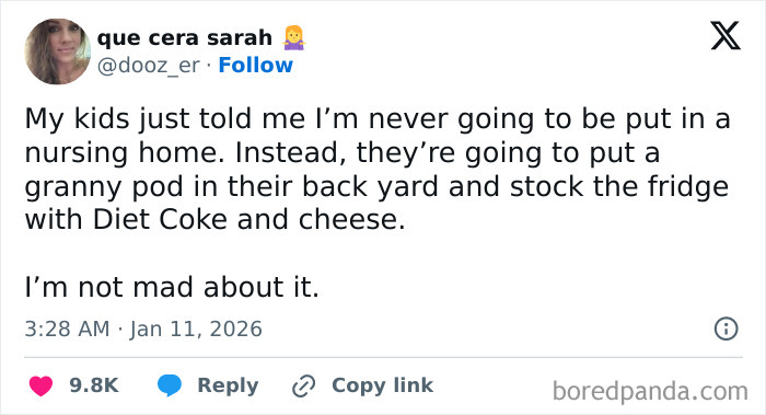 Parenting humor tweet about kids planning a granny pod with Diet Coke and cheese in the backyard.