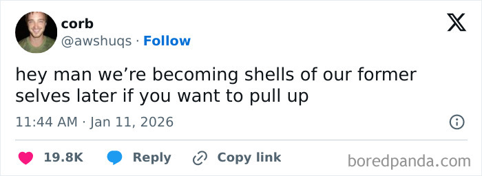 Tweet showing a humorous comment about personal growth, shared as part of internet funny moments this January.