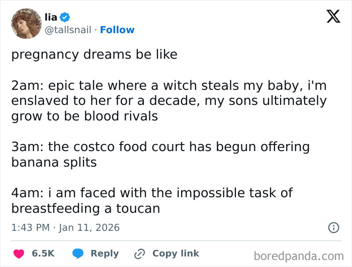 Tweet about funny and surreal pregnancy dreams, showcasing the internet's humor in January with viral relatable content.