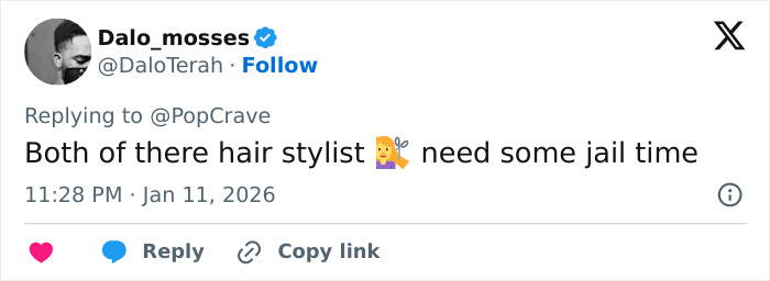 Tweet criticizing Selena Gomez and Benny Blanco&rsquo;s Golden Globes look, calling their hairstyle a disgusting mess.