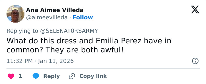 Twitter user commenting negatively on a fashion choice related to Selena Gomez and Benny Blanco's Golden Globes look.