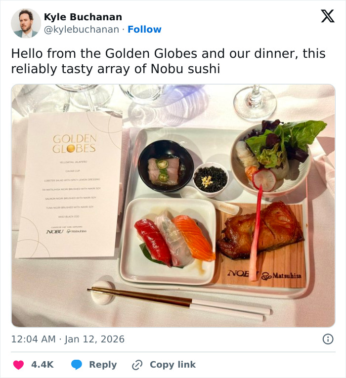 Golden Globes food featuring Nobu sushi and dishes served on a tray, popular for ordering on DoorDash delivery. Golden Globes food featuring Nobu sushi and dishes served on a tray, popular for ordering on DoorDash delivery.