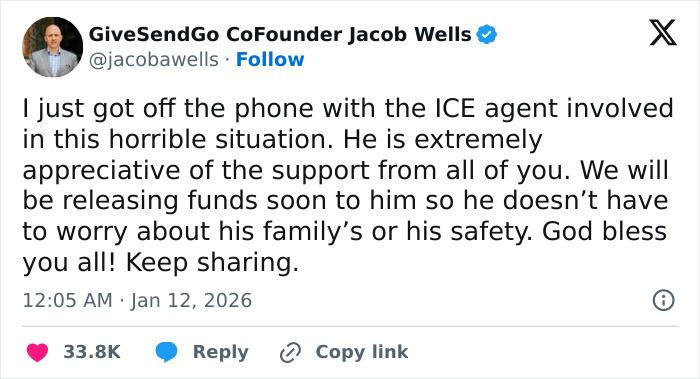 Tweet from GiveSendGo CoFounder Jacob Wells discussing Minneapolis ICE agent's appreciation for crowdfunding support. Tweet from GiveSendGo CoFounder Jacob Wells discussing Minneapolis ICE agent's appreciation for crowdfunding support.