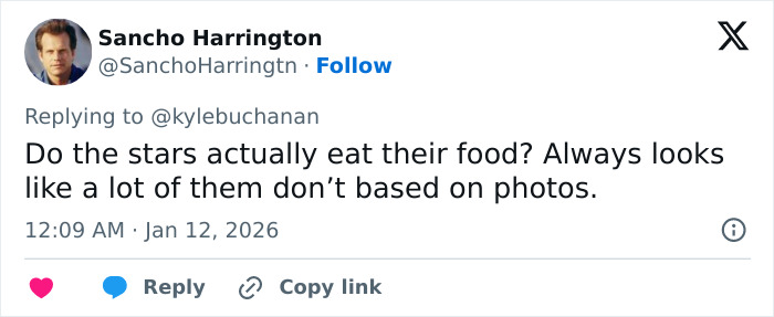 Tweet from Sancho Harrington questioning if stars actually eat their Golden Globes food, which fans can order on DoorDash. Tweet from Sancho Harrington questioning if stars actually eat their Golden Globes food, which fans can order on DoorDash.