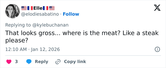 Tweet reacting to Golden Globes food, questioning the lack of meat and asking if steak is available to order on DoorDash. Tweet reacting to Golden Globes food, questioning the lack of meat and asking if steak is available to order on DoorDash.