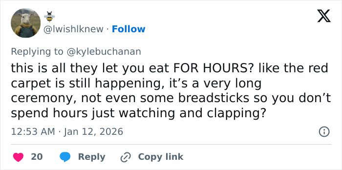Fan questions Golden Globes food portions during long ceremony with DoorDash order option highlighted. Fan questions Golden Globes food portions during long ceremony with DoorDash order option highlighted.