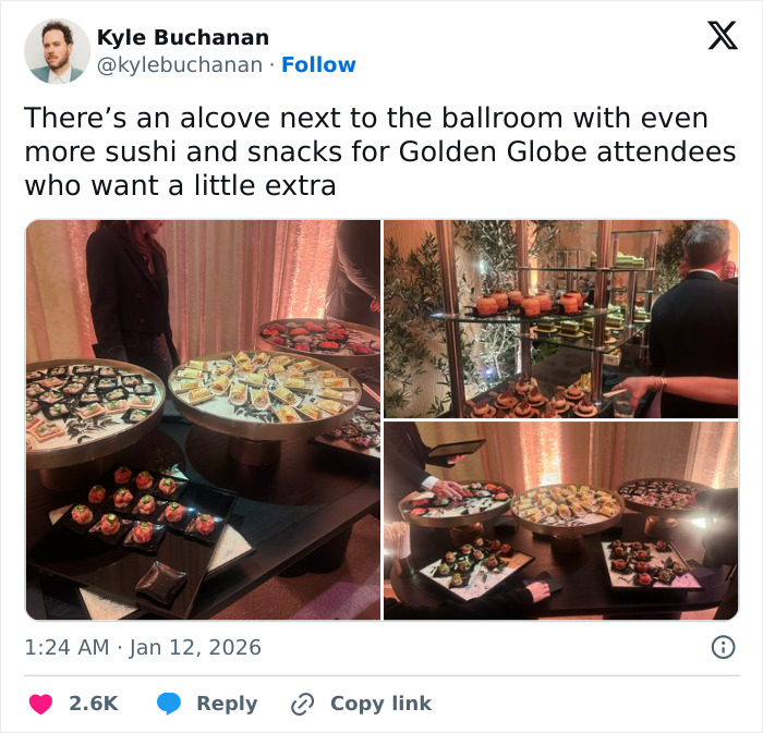 Golden Globes food spread including sushi and snacks on display, later revealed available for order on DoorDash. Golden Globes food spread including sushi and snacks on display, later revealed available for order on DoorDash.