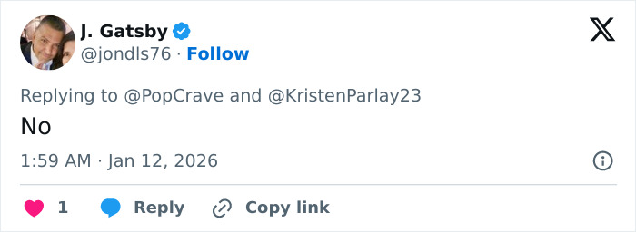 Tweet reply from J. Gatsby with text No, commenting on Jennifer Lopez’s Golden Globes look ageist backlash discussion. Tweet reply from J. Gatsby with text No, commenting on Jennifer Lopez’s Golden Globes look ageist backlash discussion.