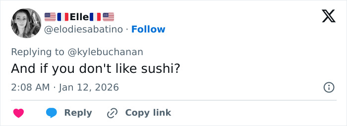 Tweet from a user asking if others dislike sushi while discussing Golden Globes food available on DoorDash. Tweet from a user asking if others dislike sushi while discussing Golden Globes food available on DoorDash.