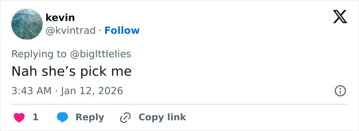Screenshot of a tweet by user kevin replying to biglittlelies with the comment Nah she&rsquo;s pick me.
