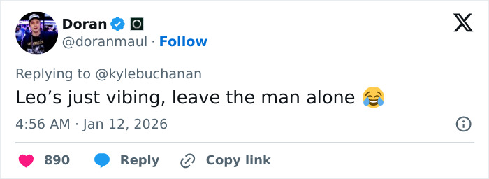 Screenshot of a tweet showing a user commenting on Leonardo DiCaprio's viral sassy Golden Globes exchange.