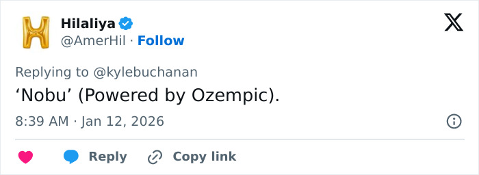 Tweet from Hilaliya revealing Nobu as Golden Globes food that fans can order on DoorDash, surprising many viewers. Tweet from Hilaliya revealing Nobu as Golden Globes food that fans can order on DoorDash, surprising many viewers.