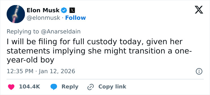Tweet from Elon Musk discussing custody filing related to his 13th child with conservative influencer, addressing child transition concerns.