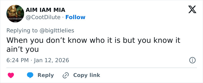 Tweet text reading when you don&rsquo;t know who it is but you know it ain&rsquo;t you, relating to Amanda Seyfried&rsquo;s double loss reaction.