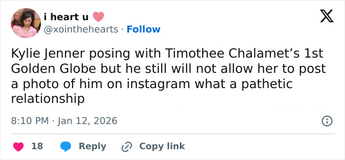 Tweet discussing Kylie Jenner posing with Timoth&eacute;e Chalamet&rsquo;s Golden Globe amid their exposed fight and social media conflict.
