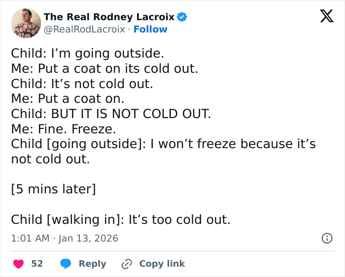 Tweet humor about dads and husbands dealing with kids refusing coats, a relatable parenting moment.