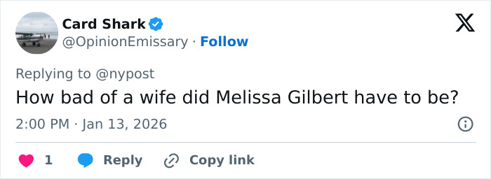 Screenshot of a tweet showing a user questioning Melissa Gilbert, related to US Marshals joining manhunt for West Wing star Timothy Busfield.