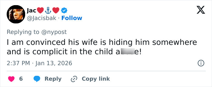 Screenshot of a social media reply discussing the manhunt for West Wing star Timothy Busfield accused of crimes.