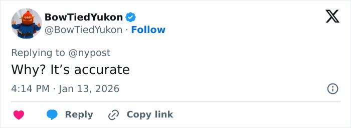 Tweet by BowTiedYukon replying to @nypost, posted at 4:14 PM on Jan 13, 2026, discussing US Marshals manhunt for Timothy Busfield.