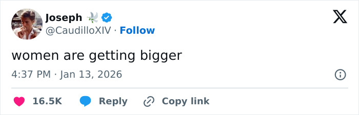 Tweet from Joseph stating women are getting bigger, with engagement icons for likes and replies visible.
