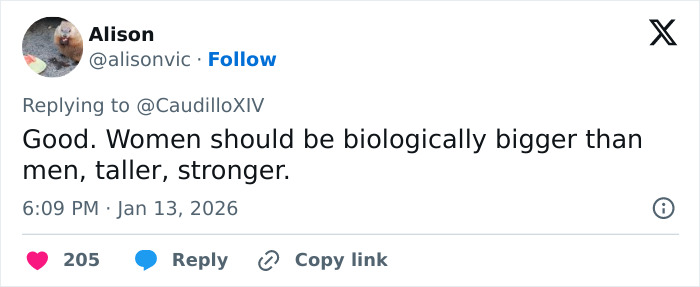 Social media comment supporting the idea that women are getting bigger, taller, and stronger than men.
