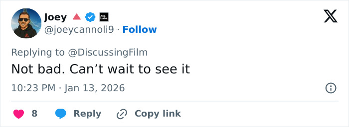 User tweet reading Not bad. Can&rsquo;t wait to see it, showing fan reaction to A Knight Of The Seven Kingdoms Rotten Tomatoes rating.