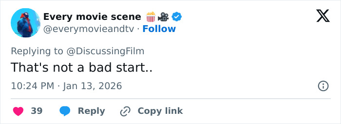 Tweet from Every movie scene replying to DiscussingFilm saying That's not a bad start amid A Knight Of The Seven Kingdoms Rotten Tomatoes rating debate.