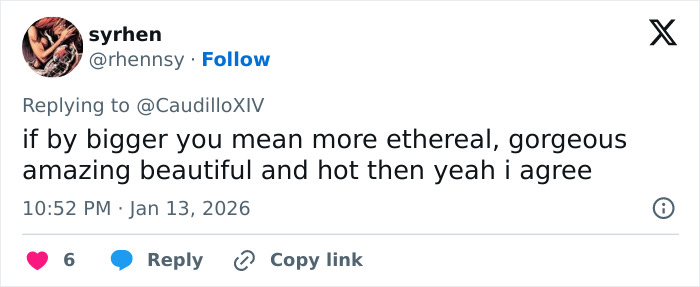 Tweet text on a white background discussing women getting bigger, highlighting beauty and ethereal qualities in a casual tone.