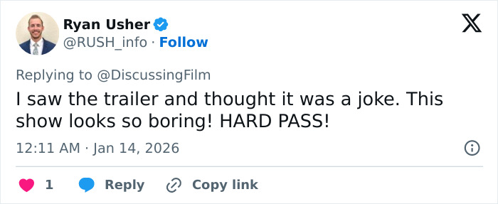 Screenshot of a Twitter reply criticizing A Knight Of The Seven Kingdoms show amid Rotten Tomatoes rating debate.