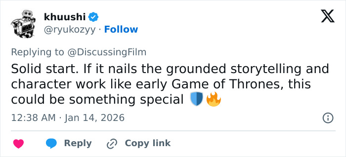 Tweet discussing grounded storytelling and character work in A Knight of the Seven Kingdoms amid Rotten Tomatoes reviews.