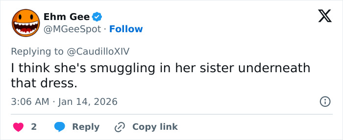 Tweet from Ehm Gee humorously suggesting someone is smuggling her sister under a dress, highlighting height differences among women.