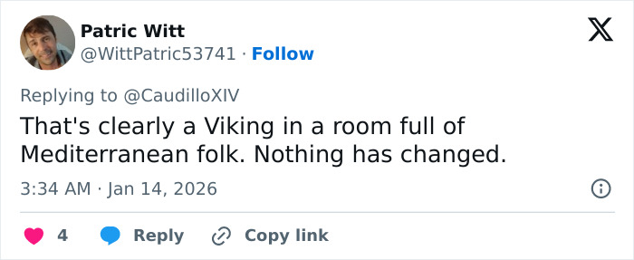 Screenshot of a tweet discussing size perception with reference to a Viking among Mediterranean people.