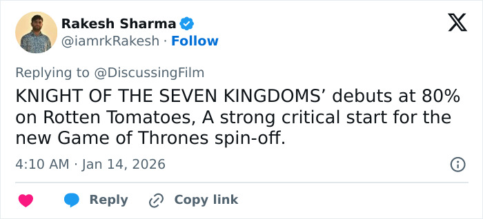 Tweet showing Rotten Tomatoes rating debut of A Knight of the Seven Kingdoms sparking divided fan reactions online.