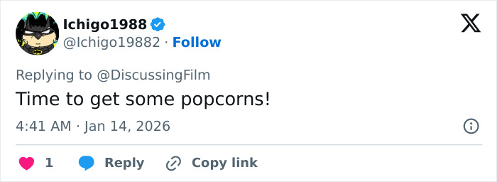 Screenshot of a Twitter reply about A Knight of the Seven Kingdoms Rotten Tomatoes rating with popcorn comment.