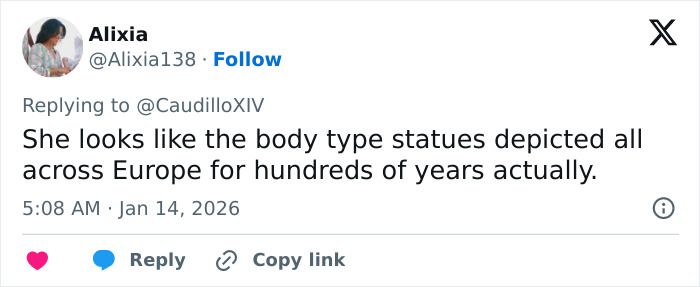 Tweet by Alixia commenting on body type statues across Europe, reflecting on changing perceptions of women getting bigger.