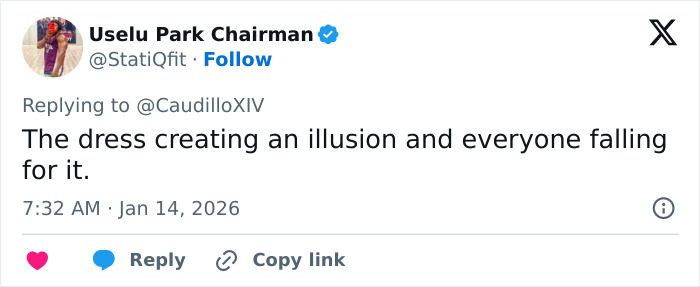 Tweet about a dress creating an illusion, shared by Uselu Park Chairman, commenting on fashion perception online.