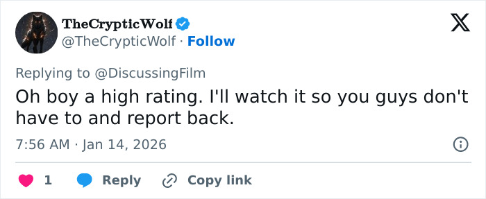 Tweet by user TheCrypticWolf expressing excitement about A Knight of the Seven Kingdoms Rotten Tomatoes rating and first reviews.