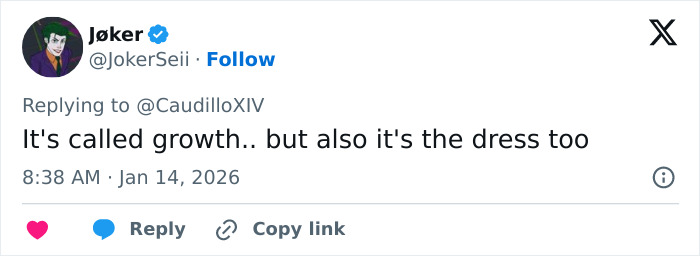 Tweet by user JokerSeii commenting on growth and dress, related to women getting bigger and Elle Fanning height at Golden Globes.