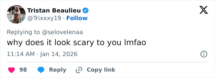 Tweet by Tristan Beaulieu responding to a comment, questioning why something looks scary, with 98 likes and a timestamp.