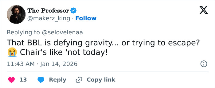 Tweet discussing Kylie Jenner&rsquo;s weird Golden Globes seat photo with a humorous take on chair defying gravity.