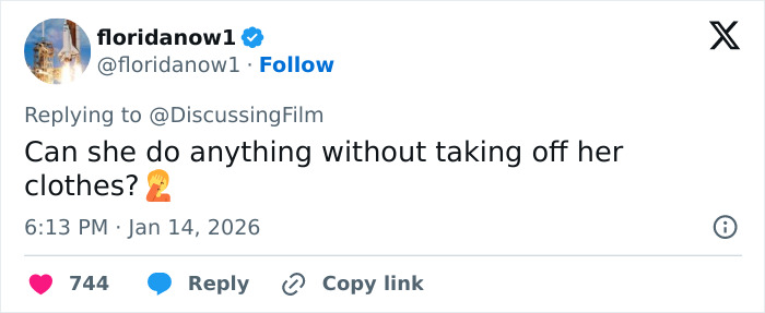 Tweet screenshot questioning if Sydney Sweeney's adult star character can do anything without taking off her clothes. Tweet screenshot questioning if Sydney Sweeney's adult star character can do anything without taking off her clothes.