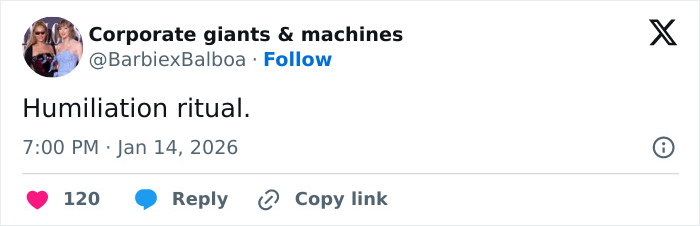 Tweet from Corporate giants & machines reading humiliation ritual with engagement icons, referencing Sydney Sweeney plays adult star context. Tweet from Corporate giants & machines reading humiliation ritual with engagement icons, referencing Sydney Sweeney plays adult star context.